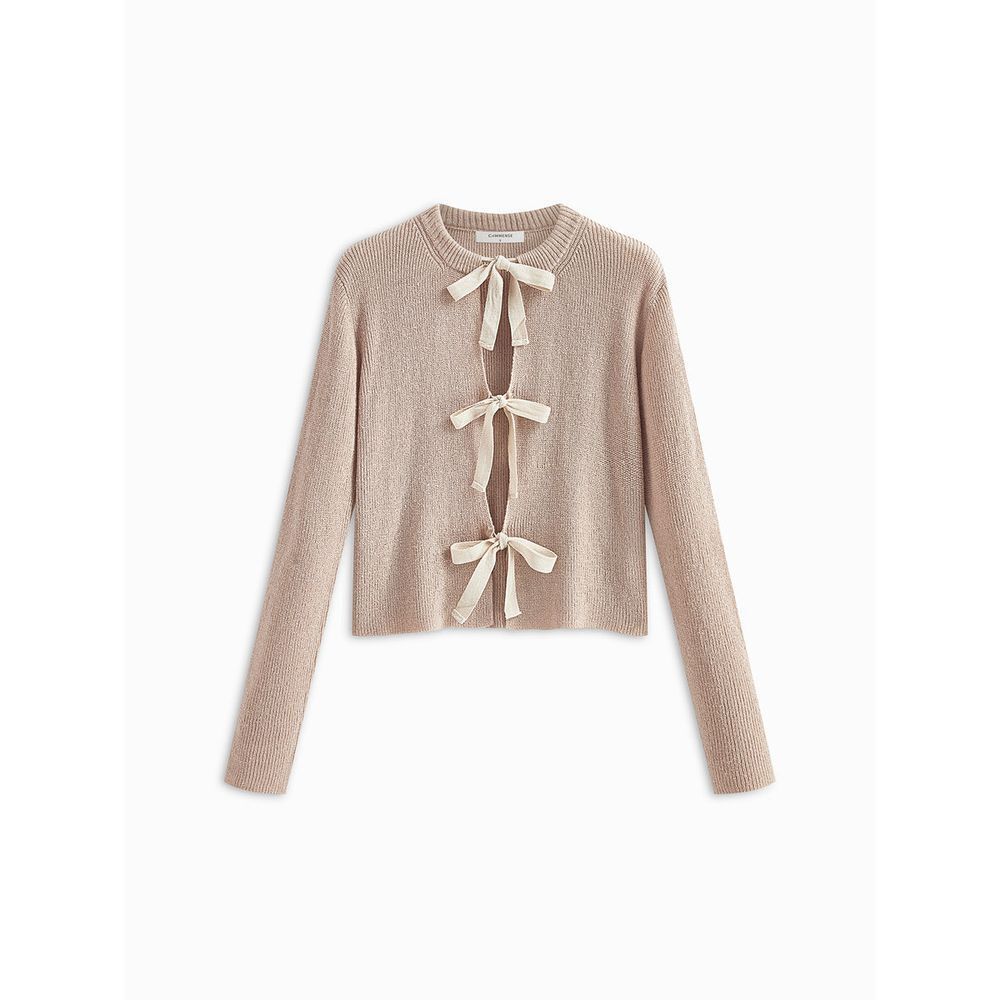 Bow Front Cropped Cardigan‎ Sweater Ribbed Knit Long Sleeve Feminine Beige